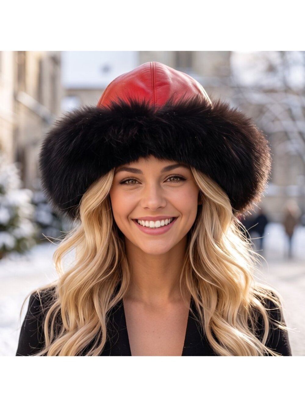 Vtg Red Leather Fur Brim Hat Mink Lara's Fur Accessories New York Russian Style